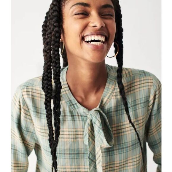 Faherty blue and green plaid button down long sleeve shirt w neck tie Sz small - Picture 3 of 11